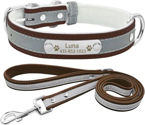 Vista 6 de Collar de perro de cuero reflectante personalizado con forro cálido, collar de perro personalizado con placa de nombre grabada para perros y gatos