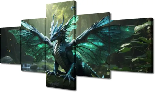 Vista 38 de Lienzo decorativo para pared de sala de estar, lienzo de dragón, 5 paneles, dragón verde, decoración de pared para el hogar, decoración de pared