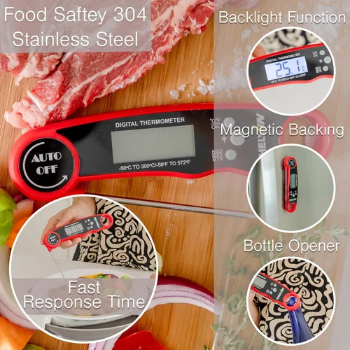 Vista 2 de Termómetro digital para carne con abridor de botellas, impermeable, magnético, de lectura instantánea, sonda plegable para cocinar alimentos