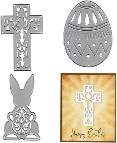 Vista 8 de Huevos de Pascua, conejos, troqueles de corte de metal y decoraciones de álbum de fotos, feliz conejito de Pascua, cesta de primavera, plantillas