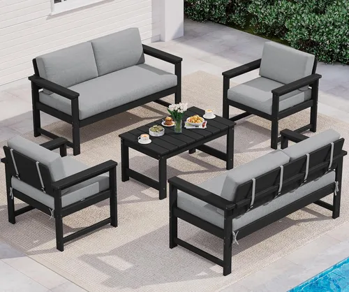 Vista 26 de SERWALL Juego de sofá de 2 piezas de sillón Adirondack acolchado de Marco negro/cojín gris