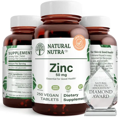 Vista 7 de Natural Nutra Suplemento de gluconato de zinc de 50 mg para apoyo inmunológico, piel, mejora el sabor y el olor, sin gluten, 50 mg, 100 tabletas