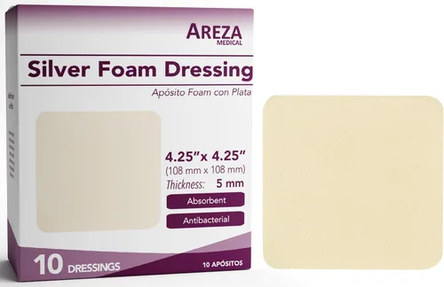 Vista 8 de Areza Medical - Almohadilla de espuma plateada para heridas - Estéril - 4" X 4" (3.9 in X 3.9 in) - Borde adhesivo - 10 unidades por caja