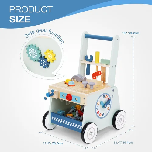 Vista 6 de 2-in-1 Wooden Baby Walker and Tool Bench with Building Play, Blue Azul