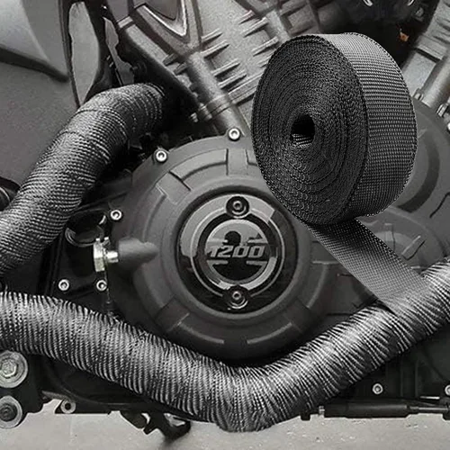 Vista 7 de CARDI Envoltura Térmica de Escape Negra de 2" x 16' de Fibra de Vidrio para Motocicleta con 8 Amarres de Acero Inoxidable Negros y Guantes