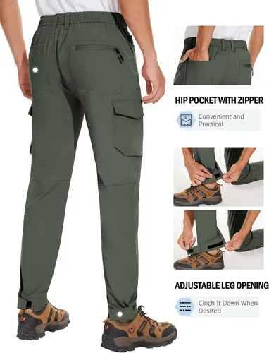 Vista 4 de PULI Pantalones de senderismo casuales para hombre, impermeables, ajustados, elásticos, ligeros, con bolsillos