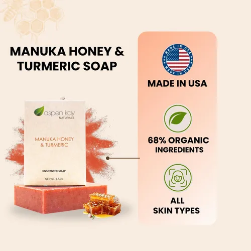 Vista 2 de Aspen Kay Naturals Barra de jabón de miel y cúrcuma de Manuka para cuerpo y cara, jabón facial de cúrcuma natural con aloe vera orgánico, manteca