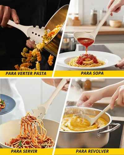 Vista 5 de BUNDLEPRO Juego de cucharón de sopa de silicona y cuchara para pasta, una Caqui