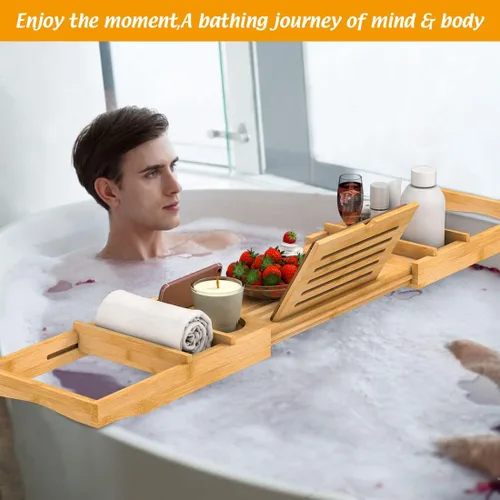 Vista 5 de Bandeja de Bañera de Bambú para Baño de Lujo, Bandeja de Baño Premium Expandible con Soporte para Jabón/Toalla/Libro, Accesorios de Baño Ajustables