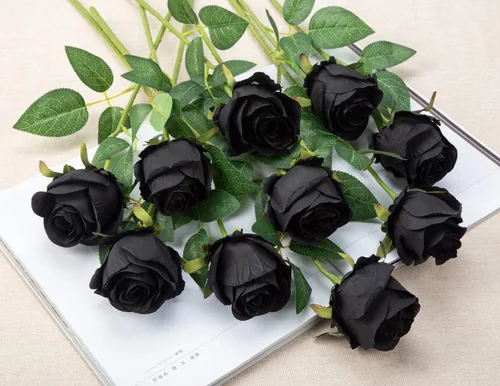Vista 6 de 10 rosas artificiales de tallo largo, rosas de seda falsas para bricolaje, ramo de boda, mesa, centro de mesa, decoración del hogar (negro)