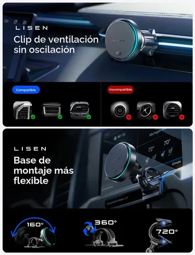 Vista 5 de LISEN Qi2.2 MagSafe - Cargador de montaje para automóvil de 25 W, carga Negro