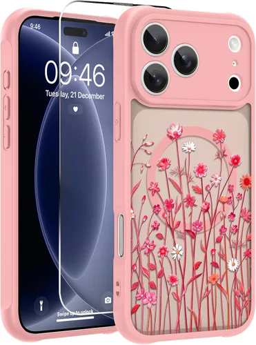 Vista 33 de OOK Funda magnética para iPhone 13 Pro Max [compatible con MagSafe] Funda delgada translúcida mate con flor silvestre negra, protección para lente