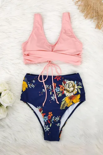 Vista 2 de SouqFone Two Piece High Waisted Bikinis Swimsuits Tummy Coverage Bathing Suits