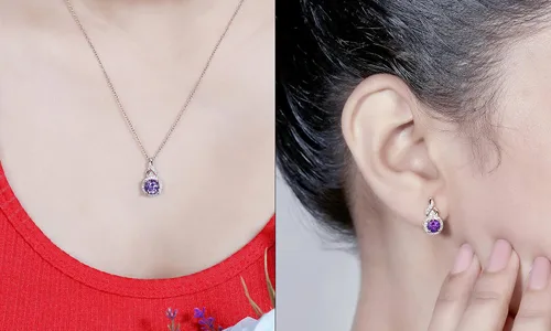 Vista 2 de Dazzlingrock Collection Juego de aretes y colgante a juego con colgante de amatista redonda y diamante blanco, disponible en metal de 10 K14 K18
