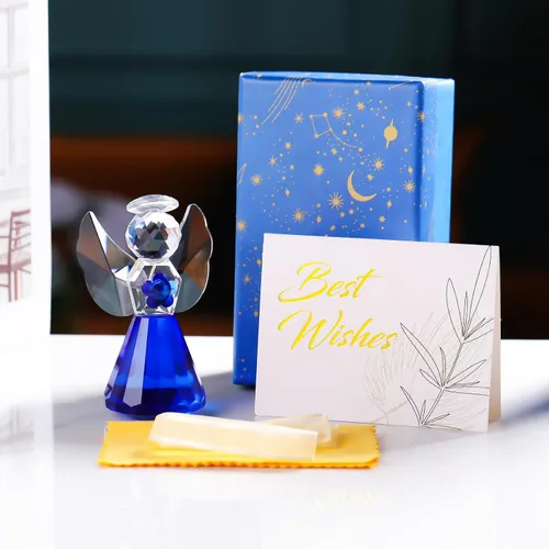 Vista 3 de YWHL Figura decorativa de ángel de cristal azul, estatua de guardián de cristal, regalo bonito de adorno de ángel para mujer