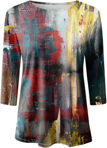 Vista 3 de Camisas de manga 34 para mujer, estilo casual, cuello redondo, lindas, blusas de ajuste holgado, camisetas de moda con impresión divertida