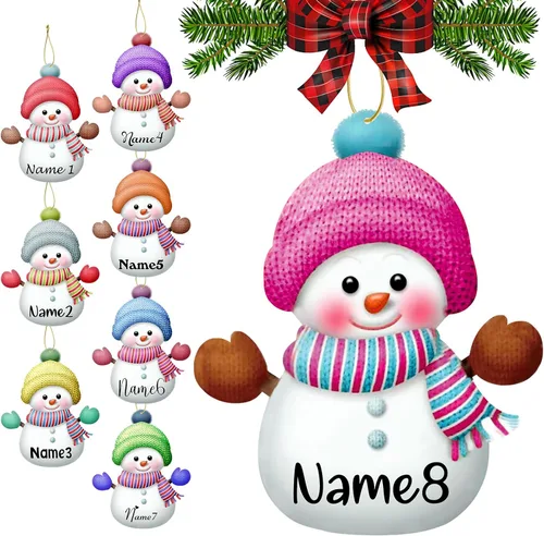 Vista 17 de Adornos de Navidad personalizados con nombres, muñeco de nieve, 8 piezas, adorno familiar personalizado, decoración colgante de madera para árbol