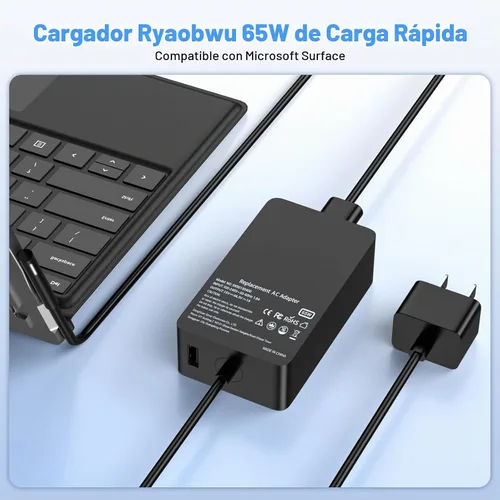 Vista 4 de Cargador para laptop de 65 W compatible con Microsoft Surface Pro 11 10 9 8 3 7 7+ 6 5 4 X, compatible con Surface Windows Laptop 7 6 5 4 3 2 1