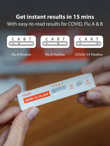Vista 2 de iHealth COVID-19, prueba rápida de antígeno 3 en 1 de la gripe A & B, resultados en 15 minutos, prueba casera OTC autorizada por la FDA para gripe