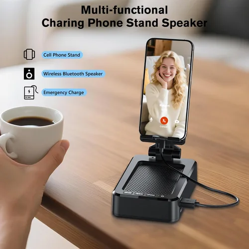 Vista 4 de Soporte para teléfono celular con altavoz Bluetooth inalámbrico y carga, base antideslizante con sonido envolvente HD, perfecto