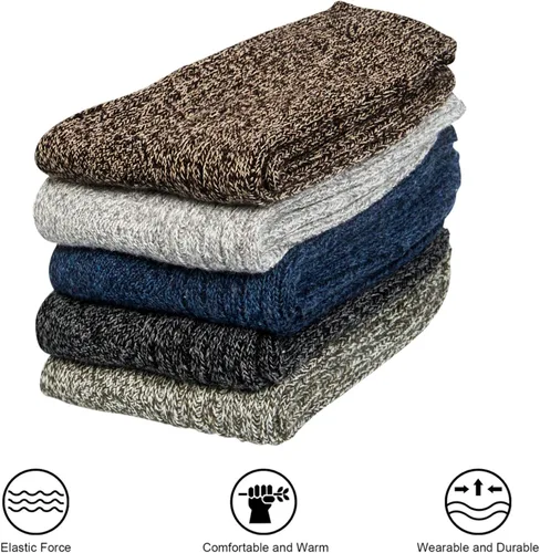 Vista 4 de Paquete de 5 pares de calcetines de invierno para mujer, calcetines deportivos de lana en tejido de punto grueso, suaves y cálidos, estilo clásico e