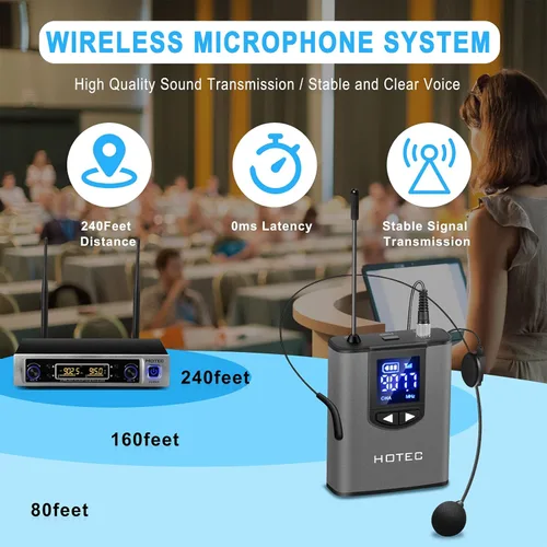 Vista 12 de HOTEC Sistema de micrófono inalámbrico UHF con doble solapa/Lavalier y micrófonos de auriculares sobre PA, mezclador, altavoz, máquina de karaoke