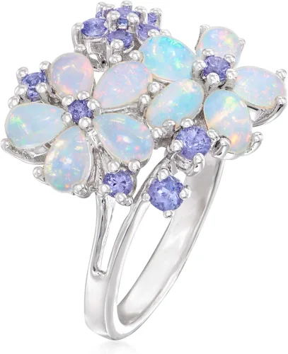 Vista 3 de Ross-Simons Opal and .36 ct. t.w. Tanzanite Flower Ring in Sterling Silver