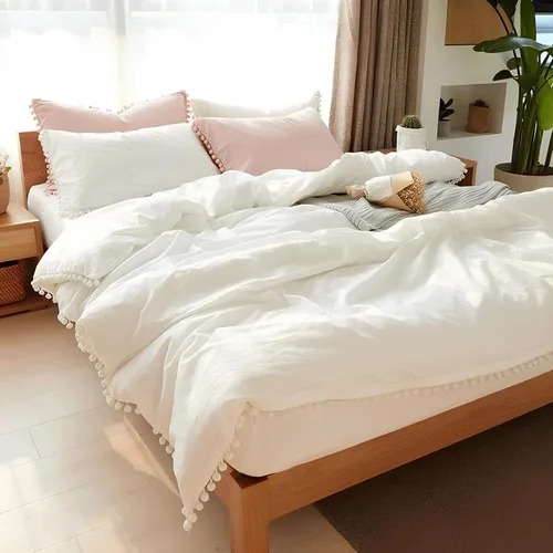 Vista 2 de INDACORIFY White Duvet Cover with Pom Pom Duvet Cover Boho Bedding 100% Cotton Washed Duvet Cover Queen Size Duvet Cover Comorter Cover Set