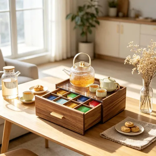 Vista 6 de Alsonerbay Acacia Wood Tea Bag Organizer, Tea Box with Drawer, Natural
