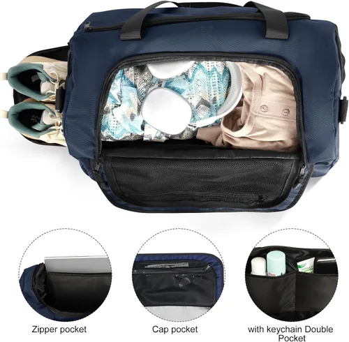 Vista 5 de Bolsa de gimnasio para hombres y mujeres con compartimento para zapatos y bolsillo húmedo, bolsa de gimnasio deportiva resistente al agua, bolsa