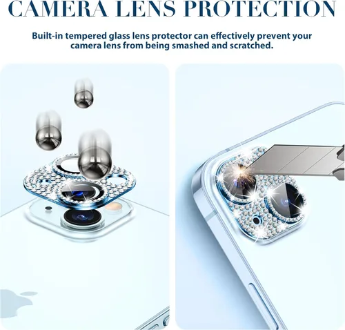 Vista 4 de Goton Compatible con iPhone 15 Plus – 15 protector de lente de cámara, cubierta de metal con purpurina brillante, accesorios protectores de pantalla