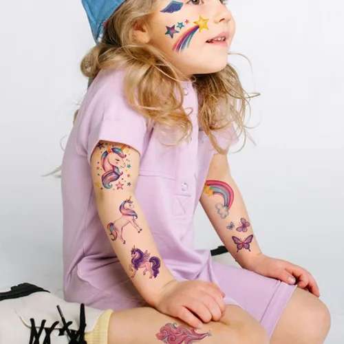 Vista 3 de CHARLENT Tatuajes temporales con purpurina para niñas, 12 hojas de tatuajes temporales con purpurina para niñas, regalos de fiesta de cumpleaños