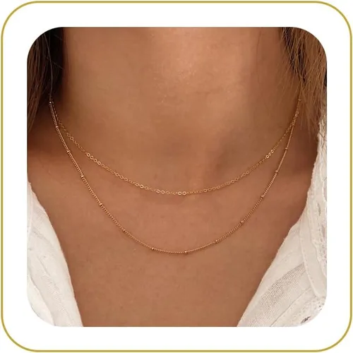 Vista 10 de Tewiky - Collar de Cadena de Oro para Mujer, Chapado en Oro de 14 Quilates, Collar de Cuentas Finas con Forma de Ola, Collar Delicado de Oro Capa