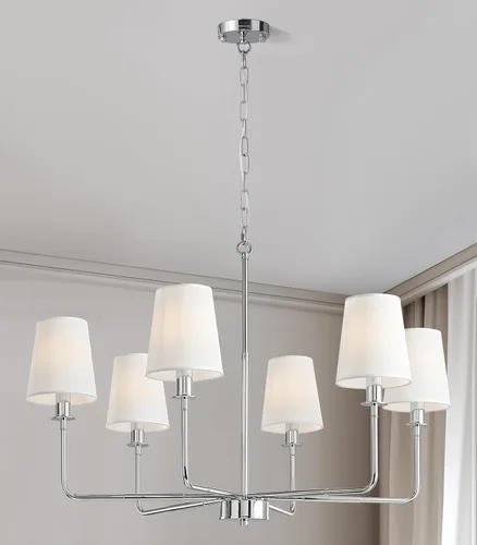 Vista 10 de Candelabro clásico de 6 luces con acabado dorado cepillado y pantallas de lino, base E12, lámpara rústica de techo para isla de cocina, comedor