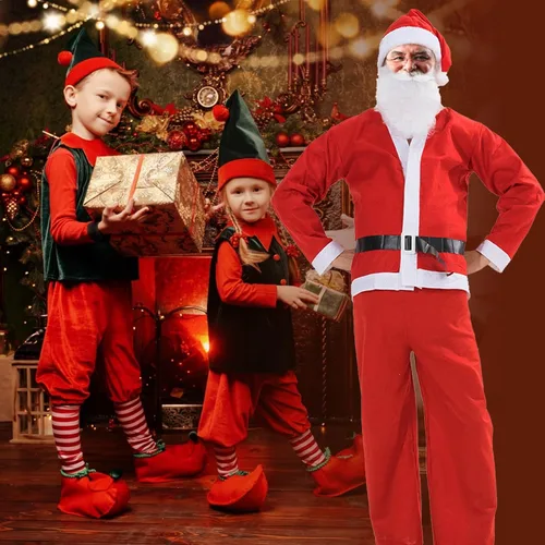 Vista 4 de PORRUNNY Disfraz de Papá Noel para hombre, cómodo disfraz de Papá Noel con sombreros, barba, tops, pantalones, cinturones, traje de Santa Claus