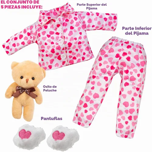 Vista 3 de Conjunto de 4 piezas de muñeca de pijama de corazón rojo y rosa con oso de peluche, ropa y accesorios de muñeca de 18 pulgadas compatibles