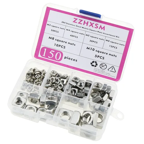 Vista 6 de Kit surtido de tuercas cuadradas métricas de acero inoxidable 304, 150 piezas, M3-M10, plata