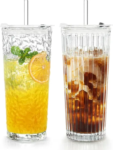 Vista 17 de Puraville Paquete de 2 vasos de vidrio de 18 onzas con tapas y pajitas, cristalería gruesa con patrón de diamante vintage para whisky, cóctel