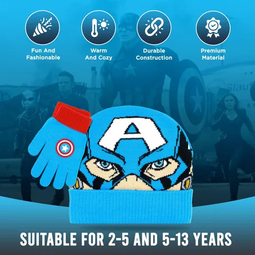 Vista 3 de Marvel Avengers - Juego de sombreros de invierno y guantes de nieve para niños y niños pequeños con lindos guantes y gorro suave pompones esponjosos
