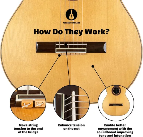 Vista 2 de Cuentas de puente de guitarra clásica – Bloques de corbata con patrón de madera clara para cuerdas de nailon y carbono – Compatible con guitarras