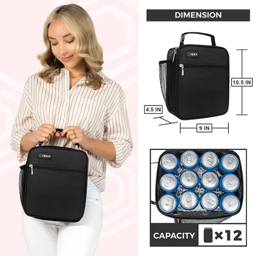 Vista 3 de opux - Lonchera aislada para niños y adultos, bolsa de almuerzo a prueba de fugas para niños, niñas, hombres y mujeres, lonchera reutilizable y Negro