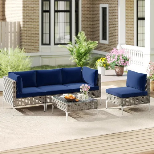 Vista 2 de Tangkula Juego de muebles de exterior de 5 piezas, juego de sofá modular acolchado de mimbre resistente con mesa de café de vidrio templado