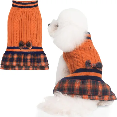 Vista 8 de PAWCHIE Vestido de suéter para perro con corbatín - Suéter de punto con cuello alto para perros pequeños, para niñas, para clima frío, con orificio