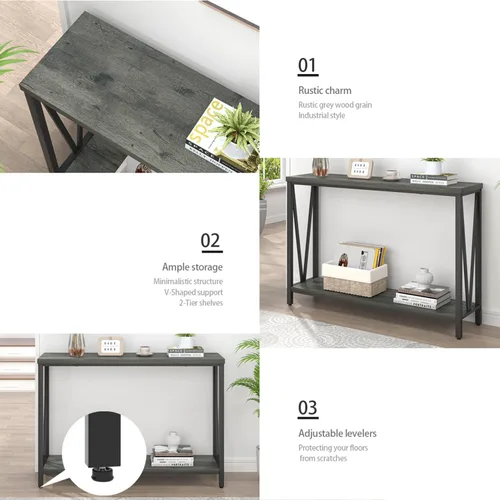 Vista 6 de EXCEFUR Mesa de entrada, sofá de madera rústica con almacenamiento, mesa de pasillo moderna para sala de estar, color gris