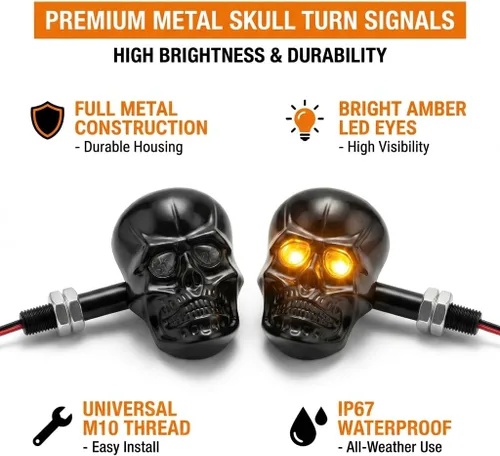 Vista 2 de Luz indicadora de giro LED para motocicleta, cabeza de cráneo con tornillo de 10 mm, color ámbar (negra)