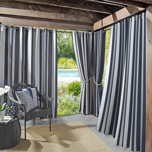 Vista 10 de Par de paneles de cortina con ojales Sun Zero Valencia estilo cabaña a rayas para interior/exterior con protección UV y eficiencia energética