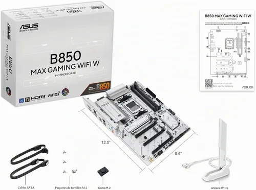 Vista 10 de ASUS B850 MAX Gaming WiFi W - Placa base AMD AM5 ATX, PCB blanco, DDR5, PCIe 5.0 listo, 3X M.2, Wi-Fi 6E, LAN de 2.5 Gb, USB 10 Gbps tipo C