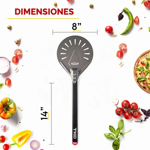 Vista 5 de TKC Cáscaras perforadas de pizza de 12 pulgadas y 8 pulgadas – Pelar profesional de aluminio para pizza – Espátula de pizza de metal de mango largo