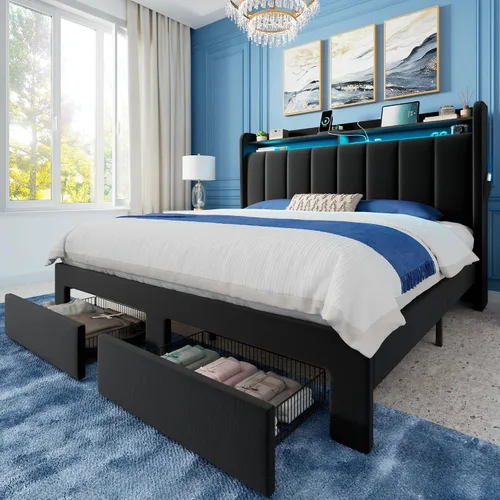Vista 12 de Allewie - Marco de cama vertical tapizado con plataforma de tamaño matrimonial, con cabecera con almacenamiento de 2 niveles y luces LED, 2 cajones