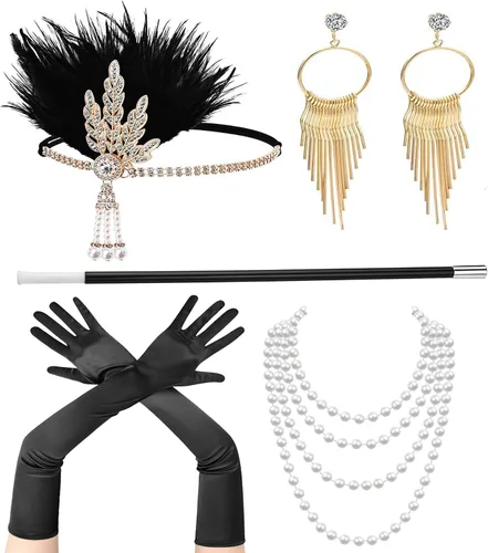 Vista 6 de Conjuntos de accesorios Flapper de los años 20 para mujer, gran disfraz de Gatsby, tocado, collar de perlas, guantes, soporte